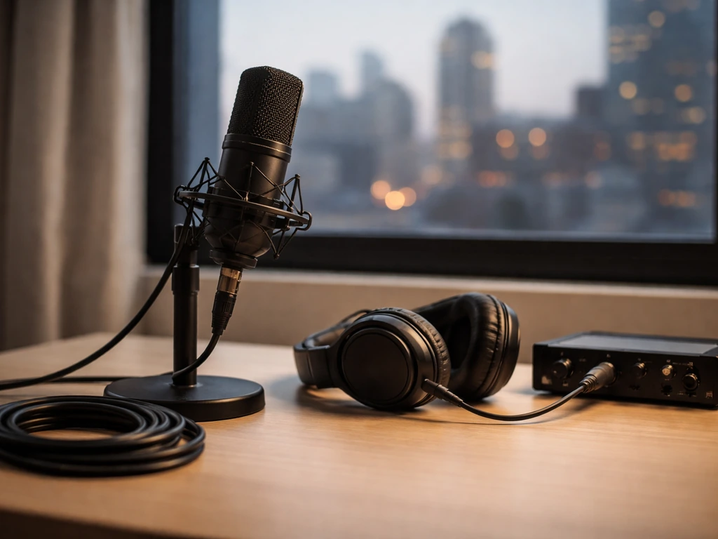 Microphone on a studio desk with a muted city skyline outside the window, suggesting voice work and media earnings.