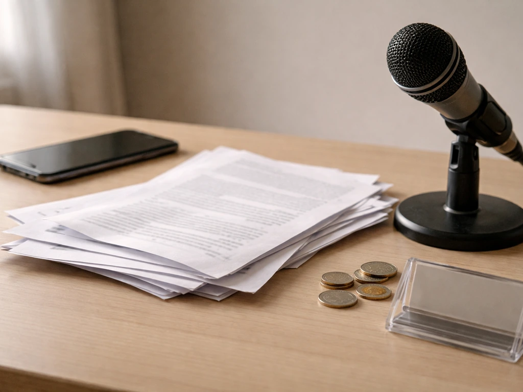 Minimal photo of a desk with scattered documents, a smartphone, and a microphone—symbolizing conflicting online claims.