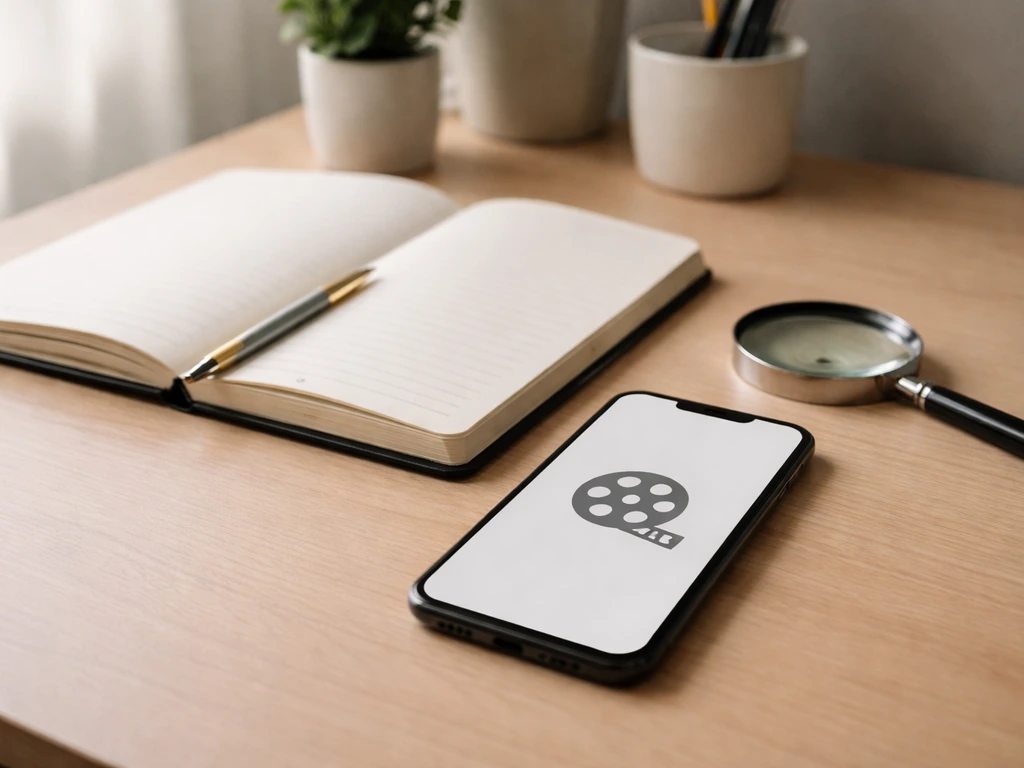 Minimal desk scene with a smartphone showing a generic film reel icon and a notebook for verification steps