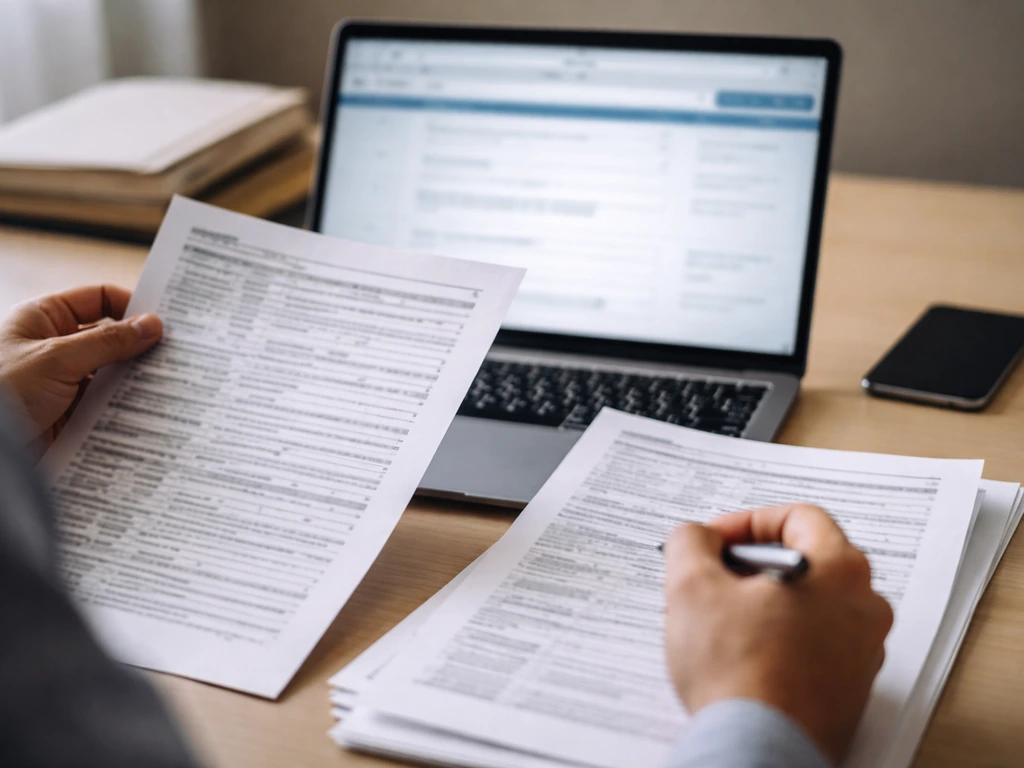 Hands reviewing SEC-style filings on a desk, with a laptop open and documents highlighted for matching.