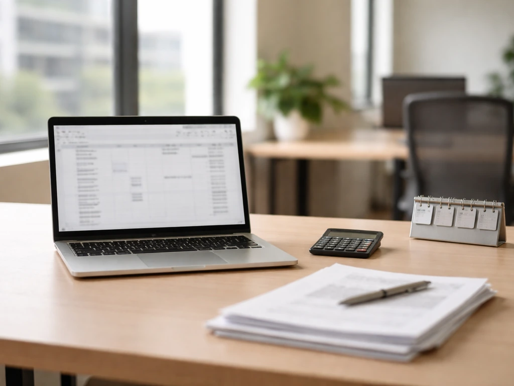 Minimal tech-office scene with laptop, calculator, and scattered documents suggesting executive compensation analysis.