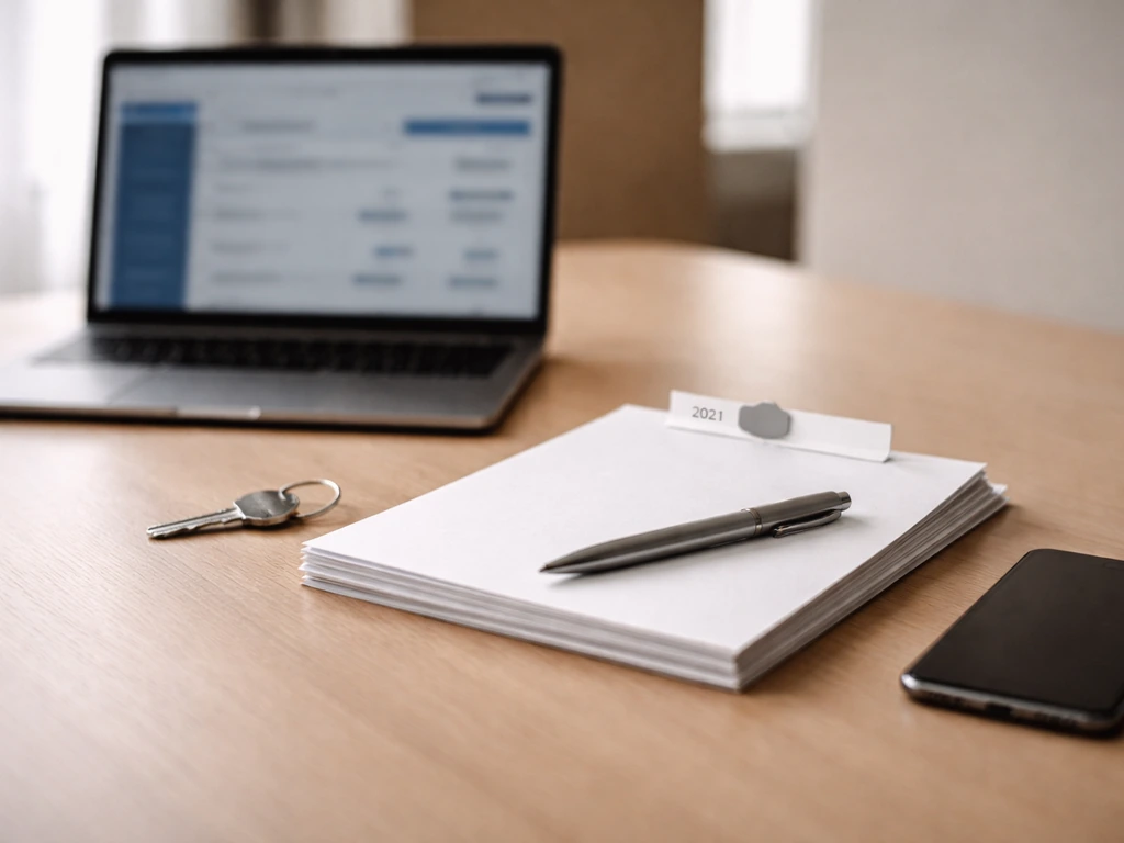Minimal desk scene with blank documents, laptop, and a 2021 timeline badge metaphor for an acquisition deal