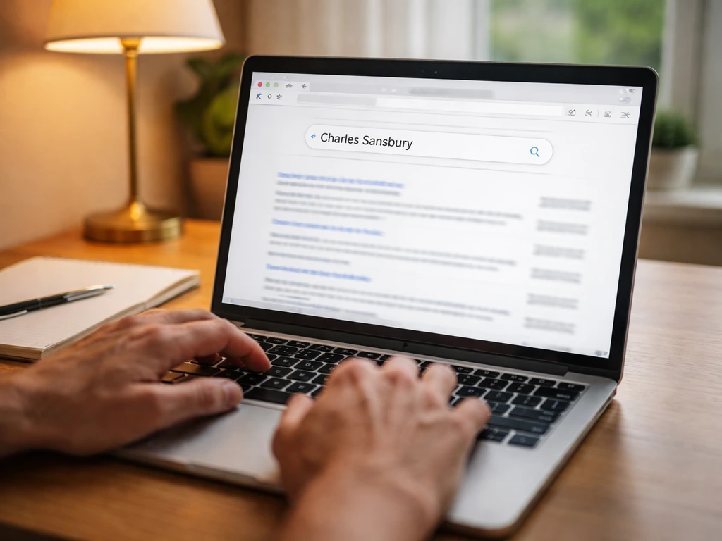 Hands using a laptop to search SEC EDGAR and review filing fields in a dim office setting.