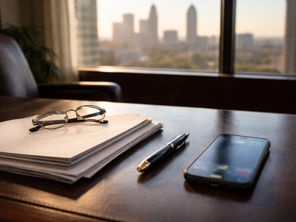 Minimal finance desk scene with documents and pen near a window with a blurred city skyline.