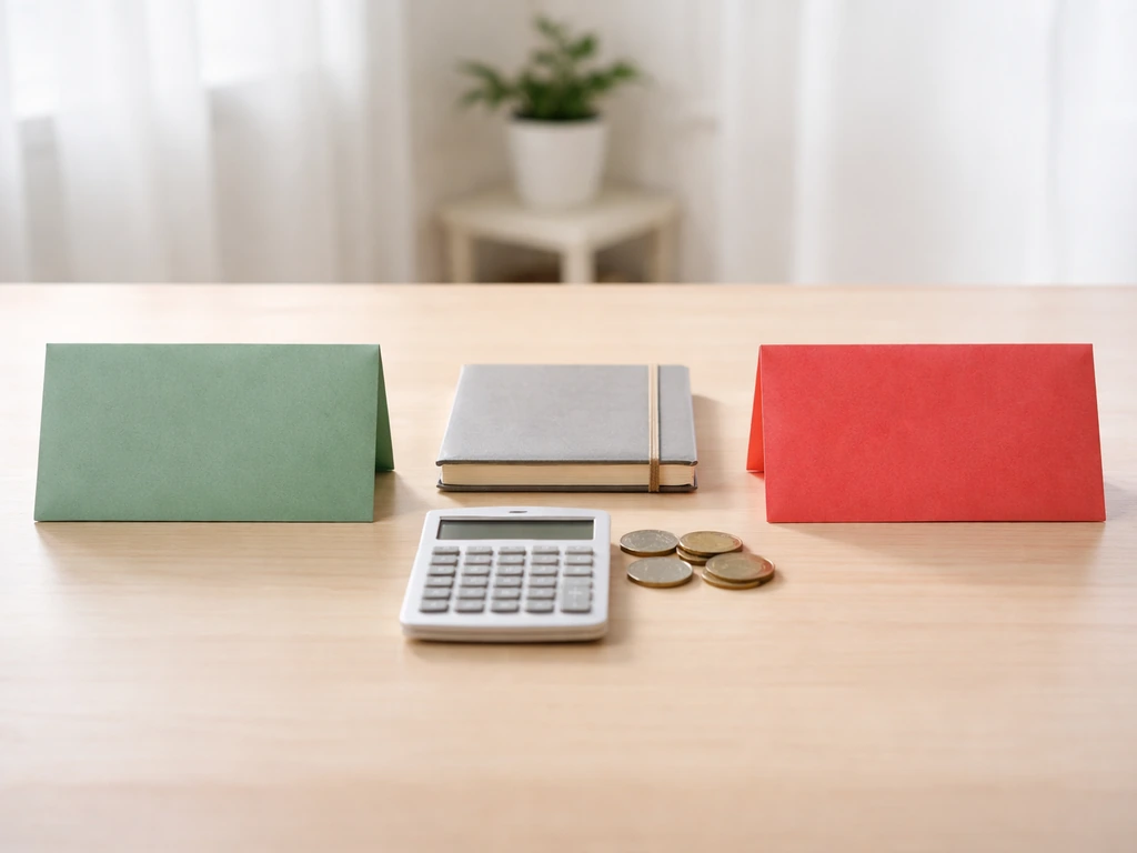 Minimal desk scene with calculator, coins, and colored envelopes suggesting assets minus liabilities.