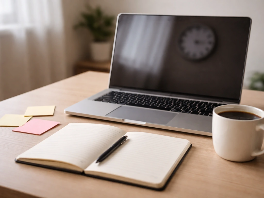 Minimal photo of a laptop and open notebook beside a coffee cup, showing a changing timeline concept with blur