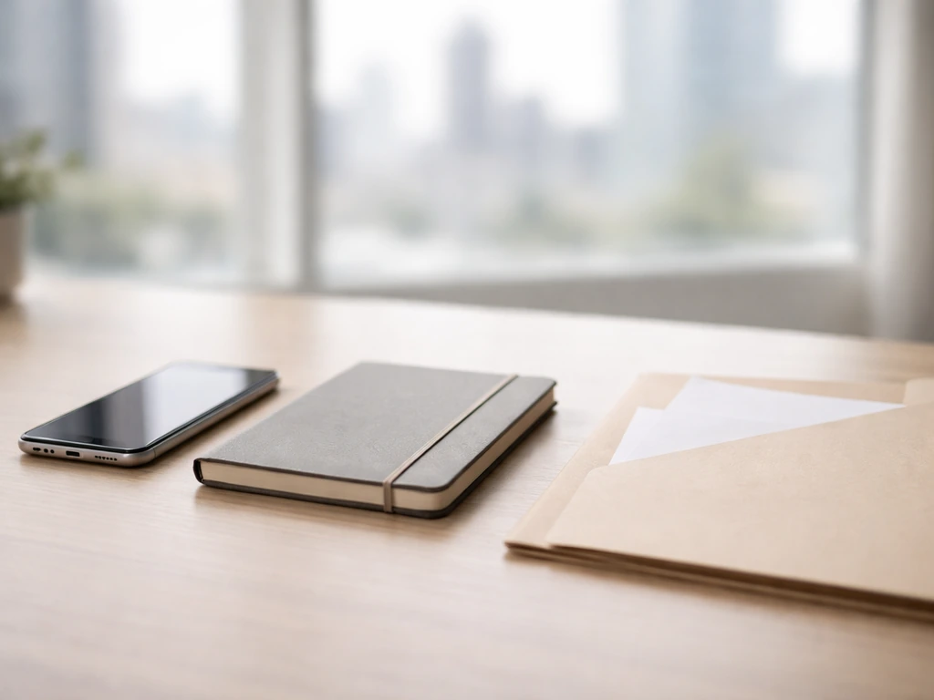 Minimal office desk with papers and a phone, suggesting steps to verify and track net worth.