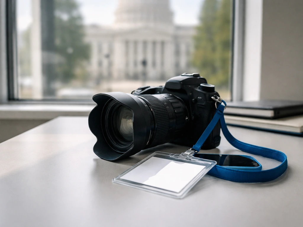 Anonymous press photojournalist camera on desk with a blurred government building outside window.