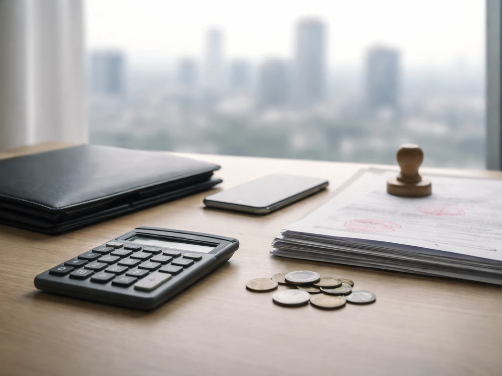 Anonymous office desk with calculator and documents, coins, and blurred city view suggesting an uncertain wealth estimat