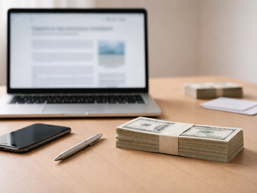 Minimal desk scene with laptop, smartphone, pen, and cash piles suggesting financial discrepancy.