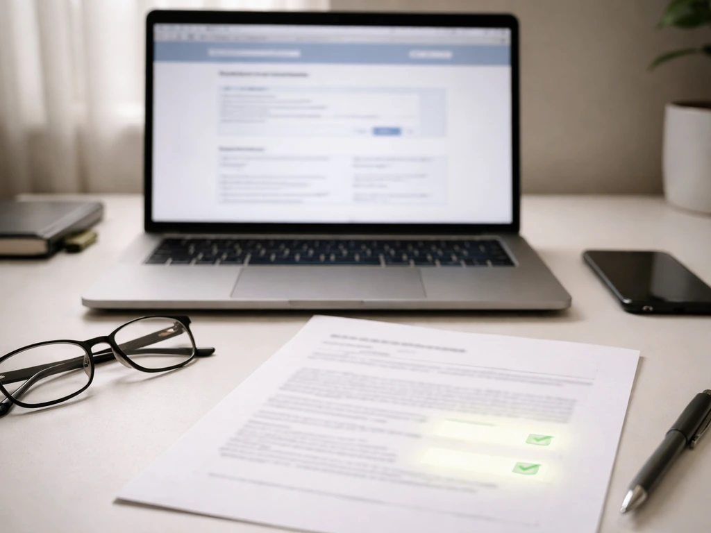 Minimal desk scene with laptop and paper suggesting verified government salary records workflow.