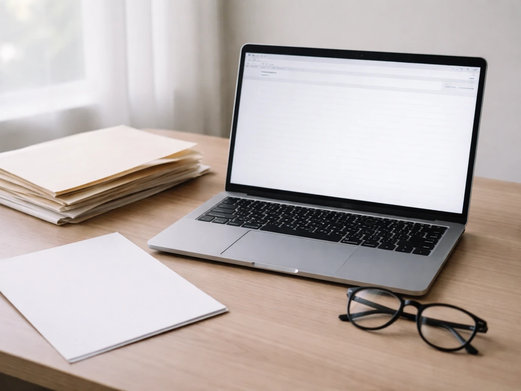 Open laptop with blank search page and folders on a desk, suggesting no confirmed records found.