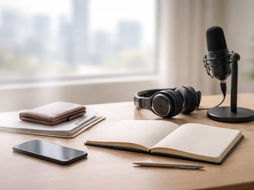 Anonymous desk with microphone, headphones, wallet, and papers symbolizing how net worth estimates are built.