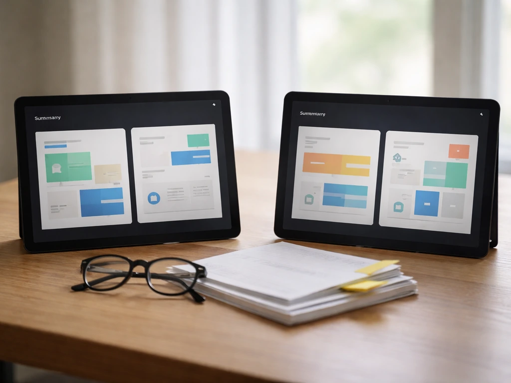 Anonymous desk with two tablets showing contrasting, unlabeled finance summaries side-by-side.