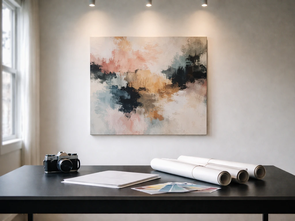 Minimal art-gallery scene with advertising-style creative tools, hinting at wealth and media influence.