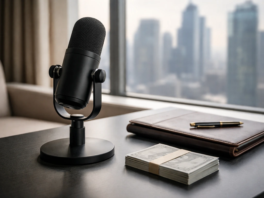 Luxury ad studio desk with a microphone and scattered currency-like notes, symbolizing a major net-worth estimate