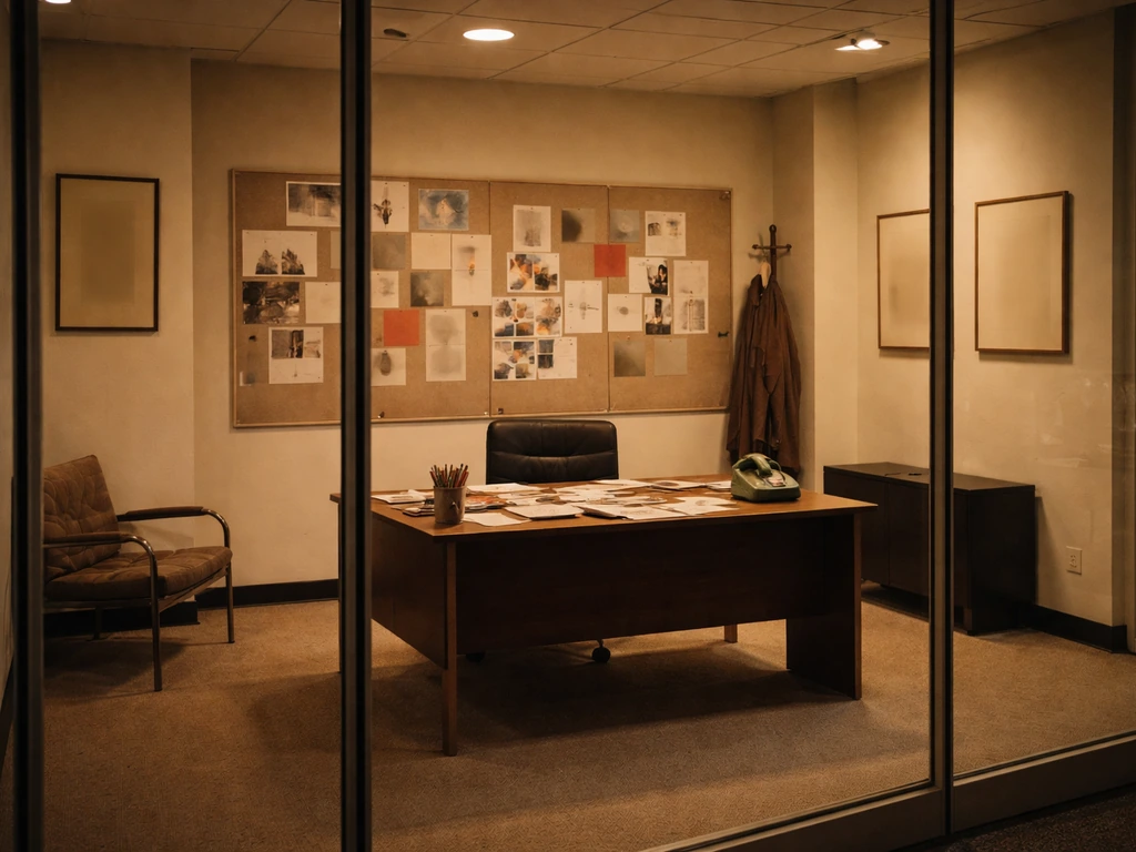 Quiet Saatchi & Saatchi-era style advertising agency office with a campaign wall and workstations