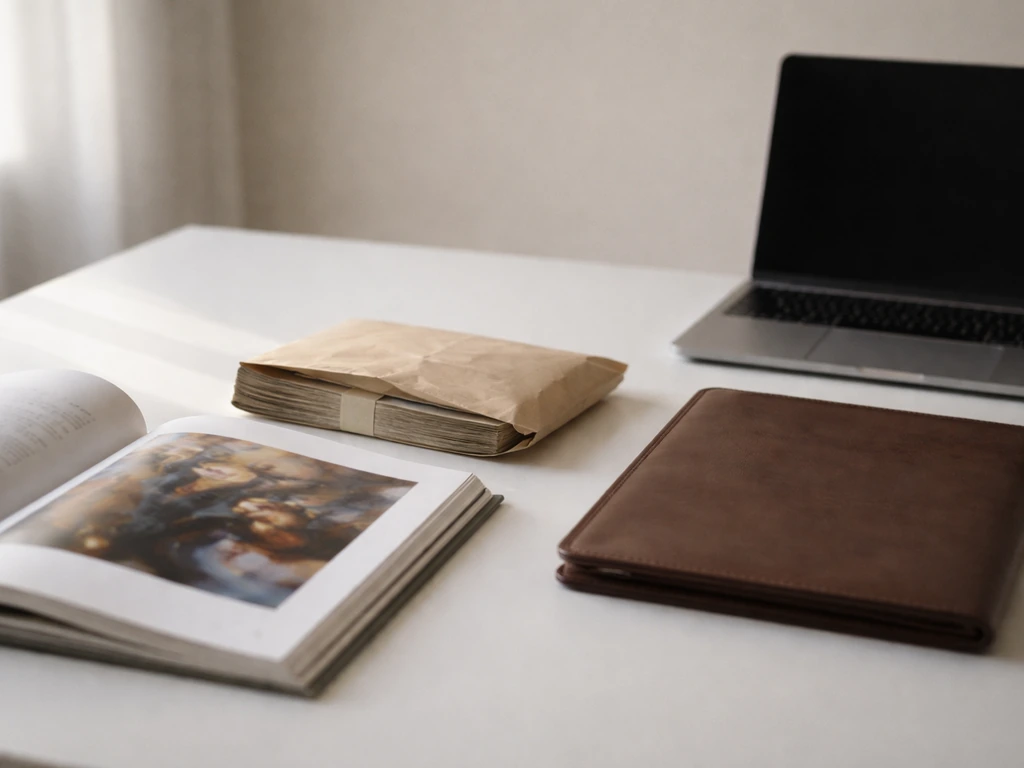 Minimal scene showing an art book, cash envelope, and a desktop finance folder suggesting asset categories