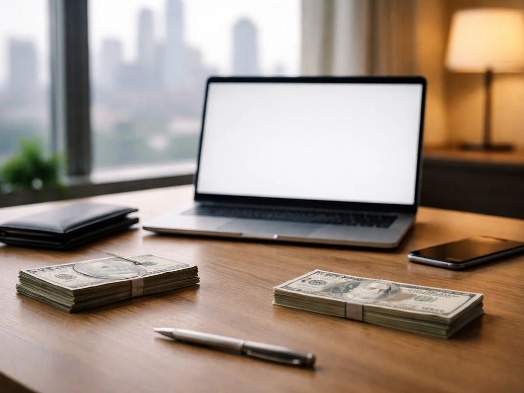 Minimal office desk with laptop and cash stacks suggesting a realistic net worth range comparison.