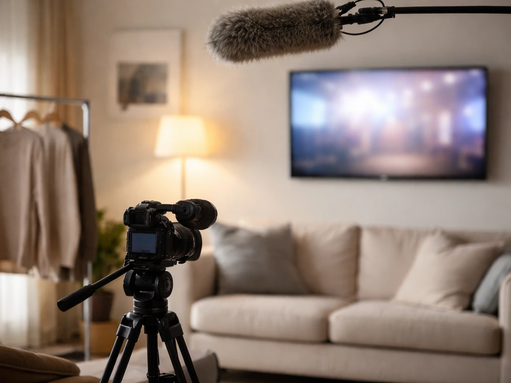 Anonymous reality TV filming setup with camera, boom mic, and blurred TV glow suggesting recurring appearances