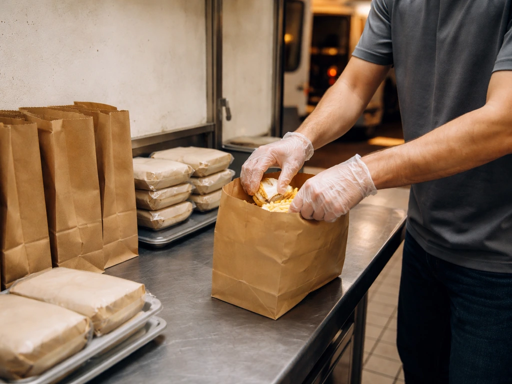 Anonymous fast-food delivery and operations worker preparing orders in a back-of-house kitchen.