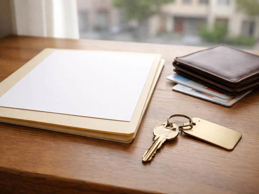 Minimal photo of a home key, wallet, and folder beside a window, symbolizing checking property and finances.