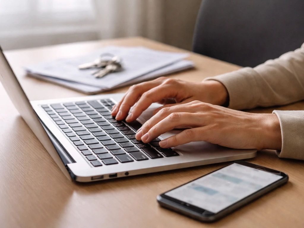 Hands checking property and online records on a laptop with blurred screens and documents on a desk.