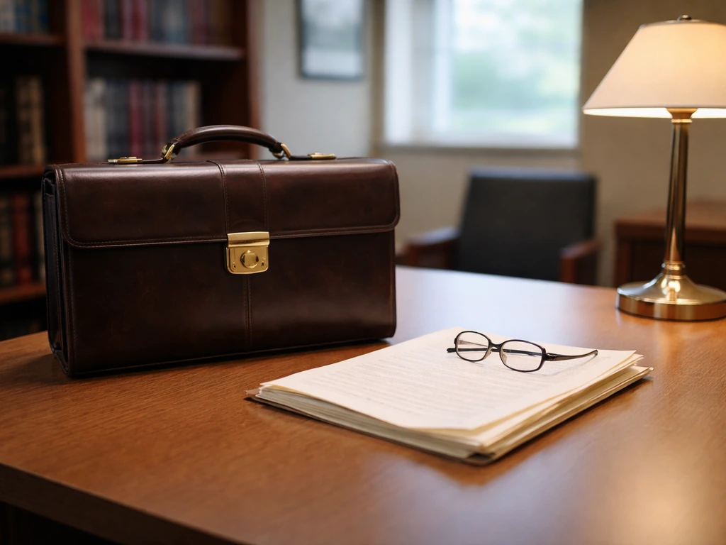 Anonymous law-office desk with a briefcase and folder, symbolizing a retired attorney profile without showing a person.
