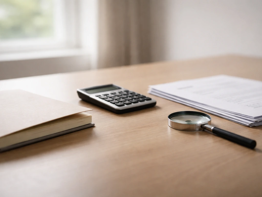 Close-up of a notebook, calculator, and blurred legal paperwork in a quiet office symbolizing net worth research