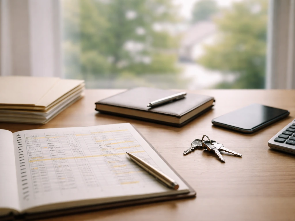 Close-up of a notebook and smartphone beside keys on a tidy desk, suggesting real-estate appraisal research.