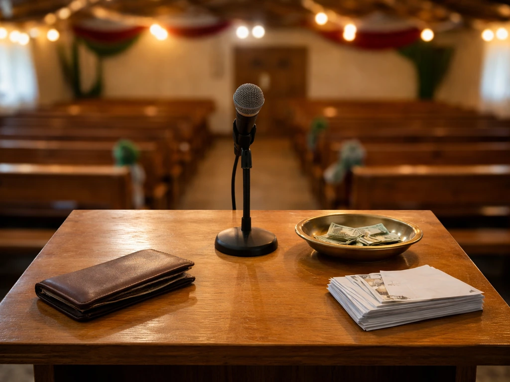 Empty church lectern with microphone and subtle wealth symbolism in a calm revival setting