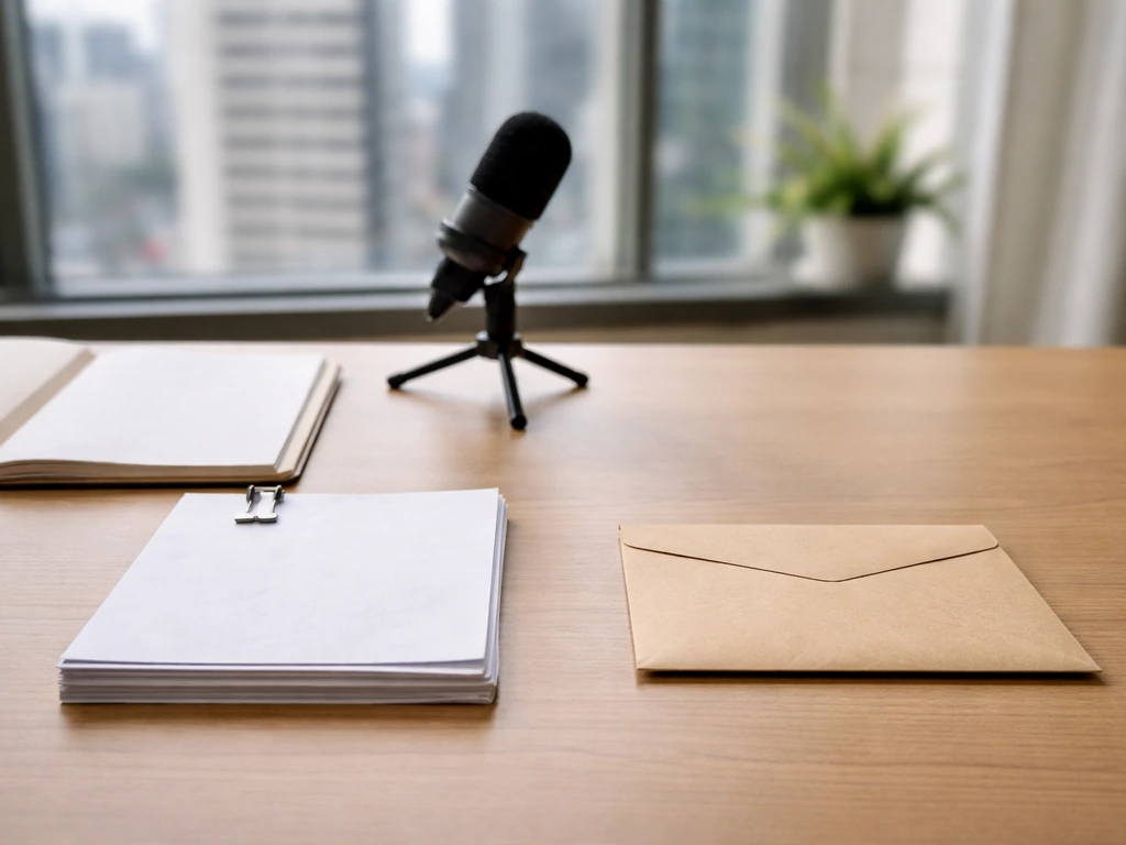 Office desk with open folder papers and microphone, split left evidence stack vs right closed envelope.