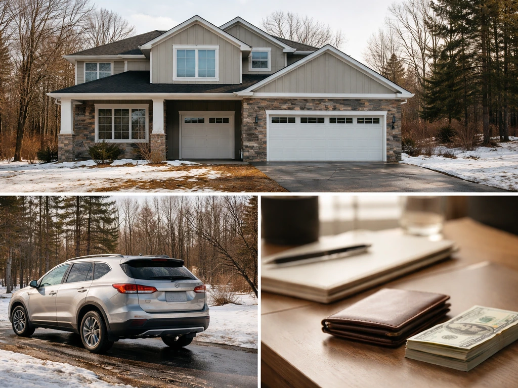 Minimal suburban home, SUV, and a desk with wallet and plain cash—symbolic asset categories, no people.
