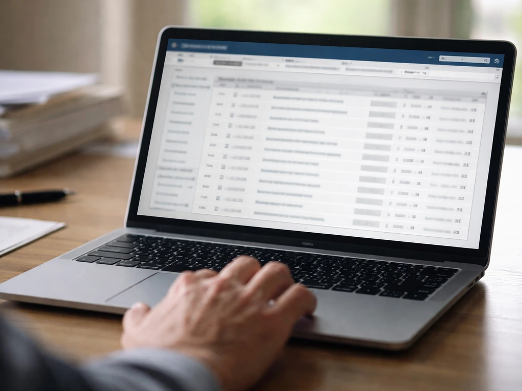 Close-up of a computer showing a blank SEC EDGAR-style filing page with a hand hovering over the trackpad