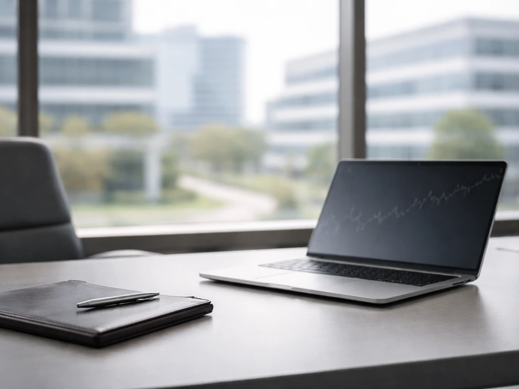 An executive office desk with a laptop showing abstract finance visuals and Trimble-style corporate buildings outside