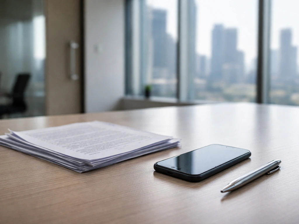 Minimal office desk scene with a smartphone, pen, and blurred city skyline suggesting stock holdings analysis