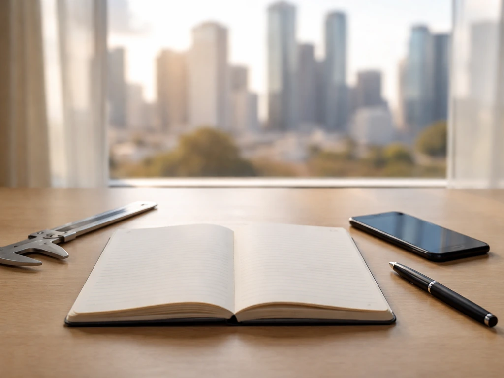 Minimal desk scene with pen and notebook, hinted engineering and finance atmosphere.