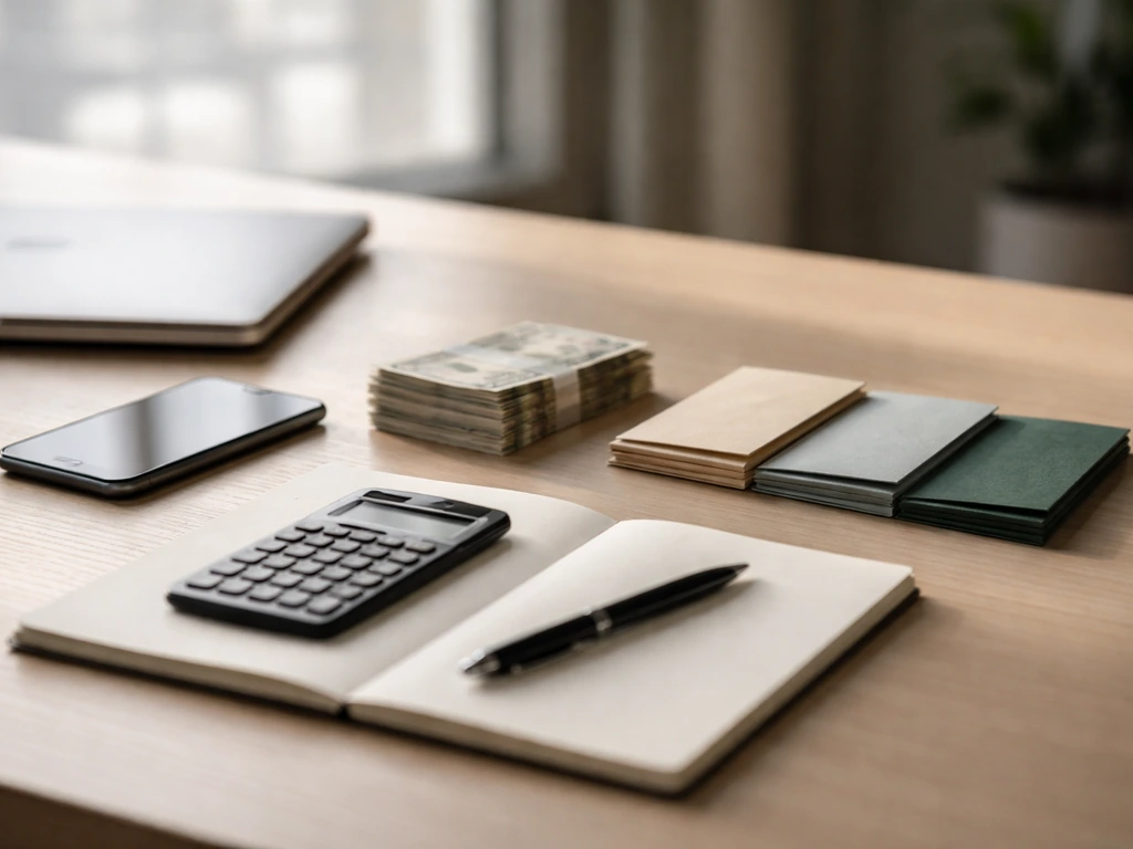 Minimal desk scene with envelopes, calculator, and money-like notes symbolizing a net worth range band.