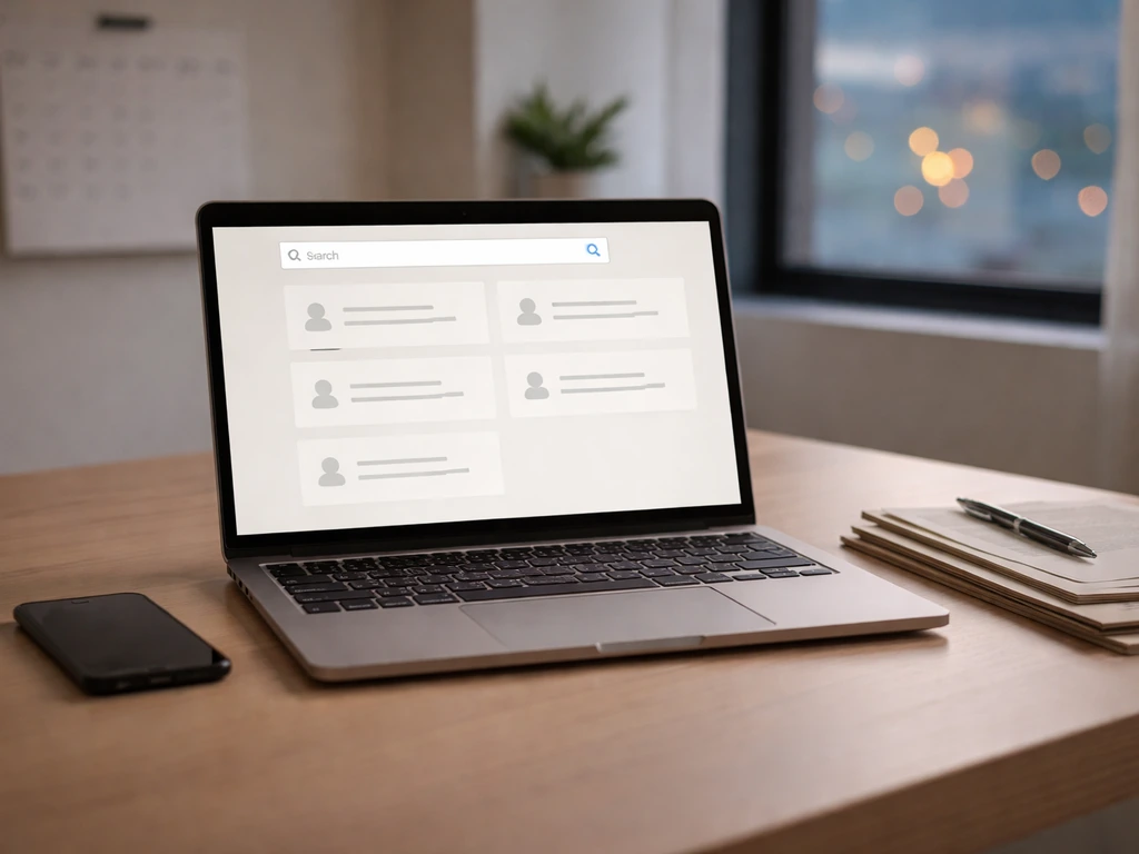 Minimal office desk with open laptop showing blank search results, suggesting no matching profile found