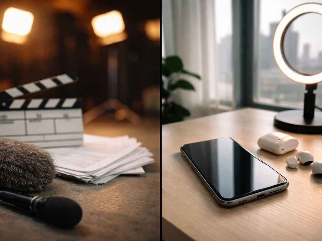Split photo: clapperboard and mic on one side, smartphone and ring light on the other, no text.