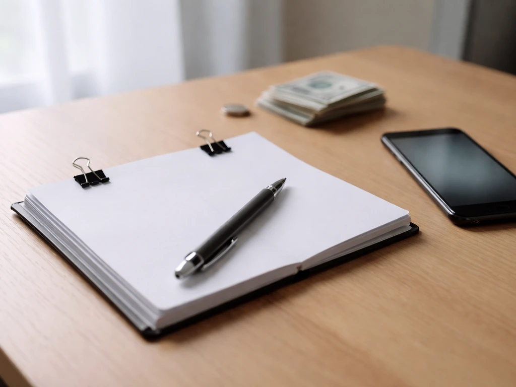 Minimal desk scene with a notebook, pen, smartphone, and pinned papers suggesting verifying financial updates.