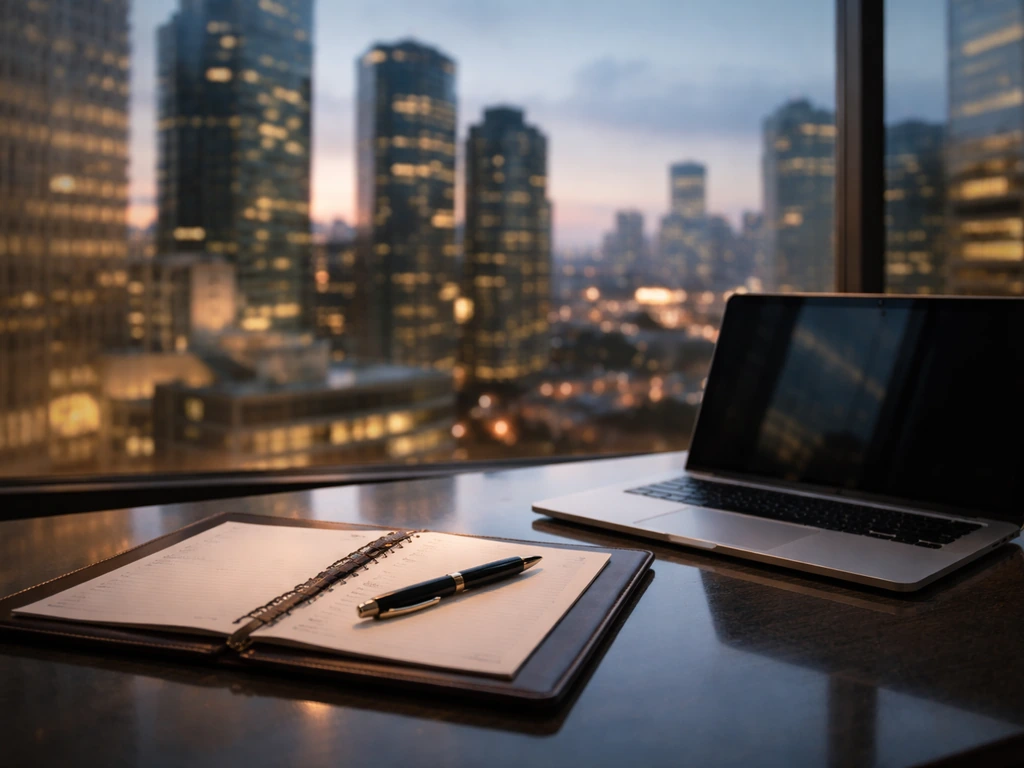 Dusk financial district skyline seen through a window behind a luxury desk with pen and leather portfolio.