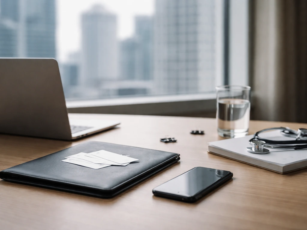 Minimal corporate office desk scene with laptop and business items hinting at healthcare finance context.