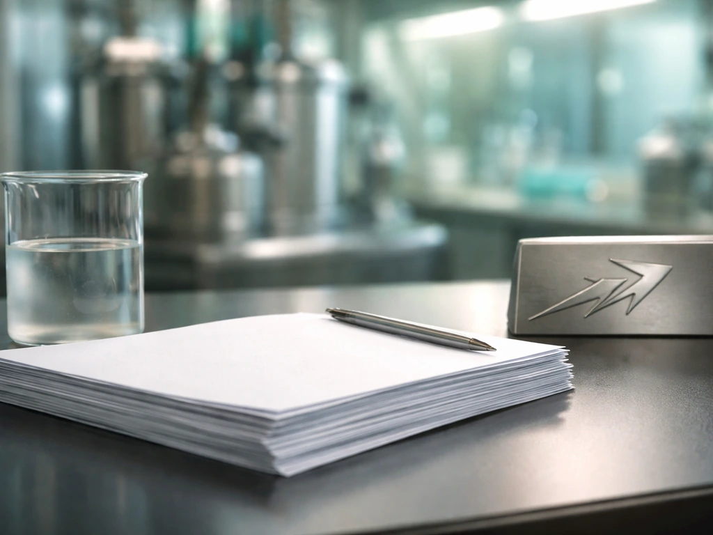 Close-up of blank royalty/licensing documents next to biotech lab glassware with a subtle arrow motif.