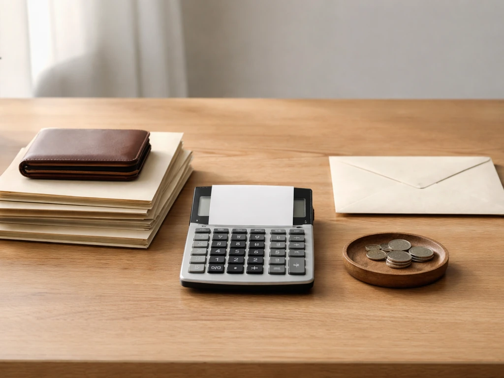 Minimal desk scene showing assets and liabilities concept with calculator and folders under natural light.