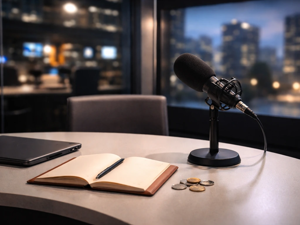 A media studio desk with microphone and broadcast gear symbolizing a journalist’s work and financial analysis.