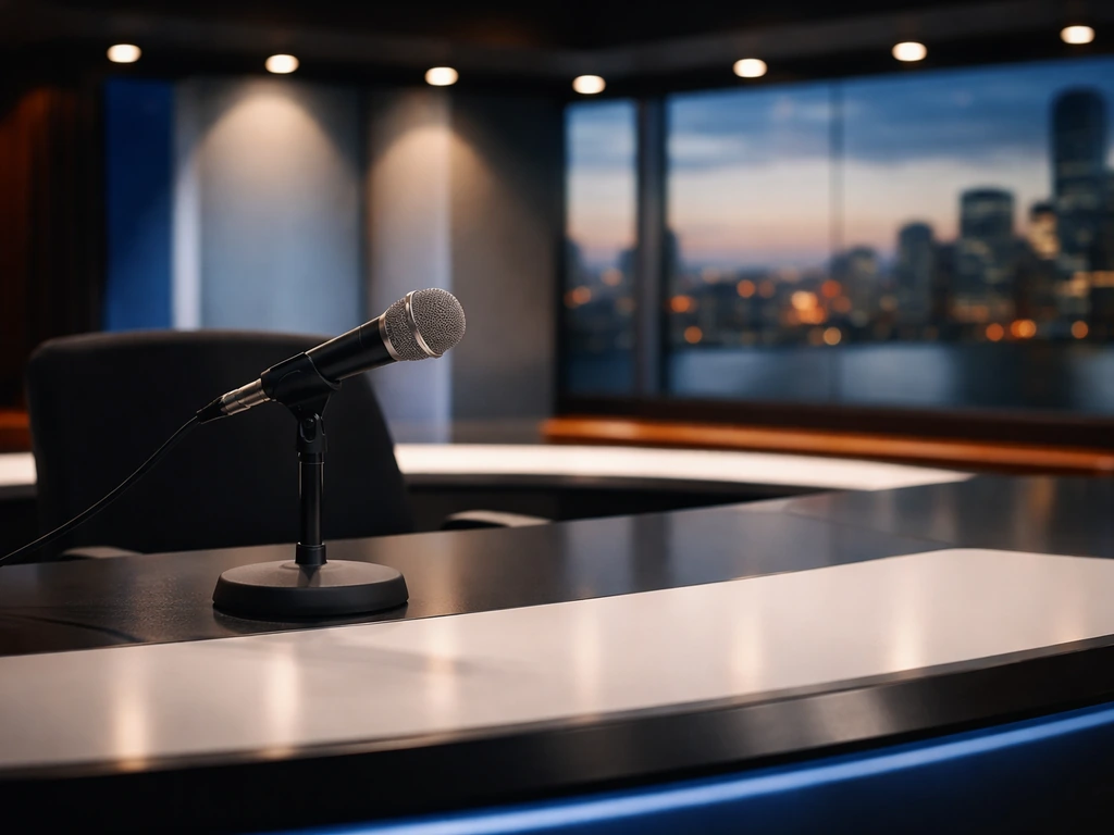 Empty broadcast studio desk with a professional microphone, evoking investigative journalism and media profiling.
