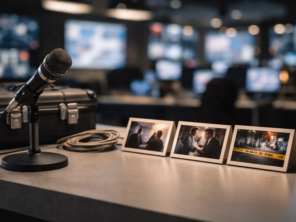 Empty TV studio desk with a microphone and blurred newsroom background, symbolic media timeline feel