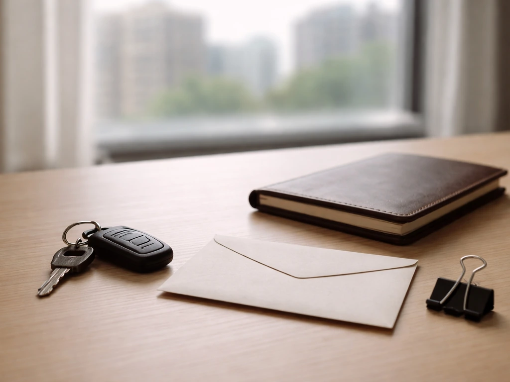 Minimal photo of a tidy office desk with keys, a notebook, and a blurred city skyline suggesting assets uncertainty