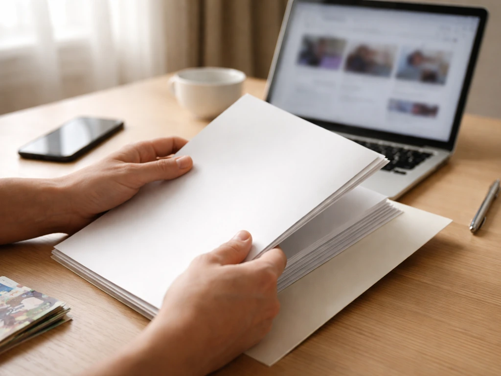 Hands reviewing blank documents and using a phone and laptop on a minimal desk with money nearby.